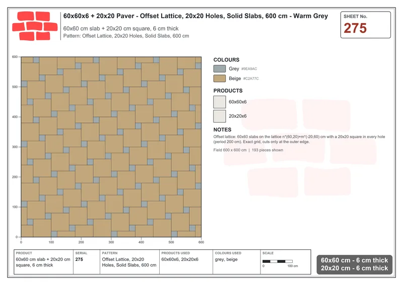 Interlock (Pasco) 60x60 cm · SQ66-275 · Offset Lattice, 20x20 Holes, Solid Slabs, 600 cm · Laying plan Interlock (Pasco) 60x60 cm · SQ66-275 · Offset Lattice, 20x20 Holes, Solid Slabs, 600 cm · Laying plan