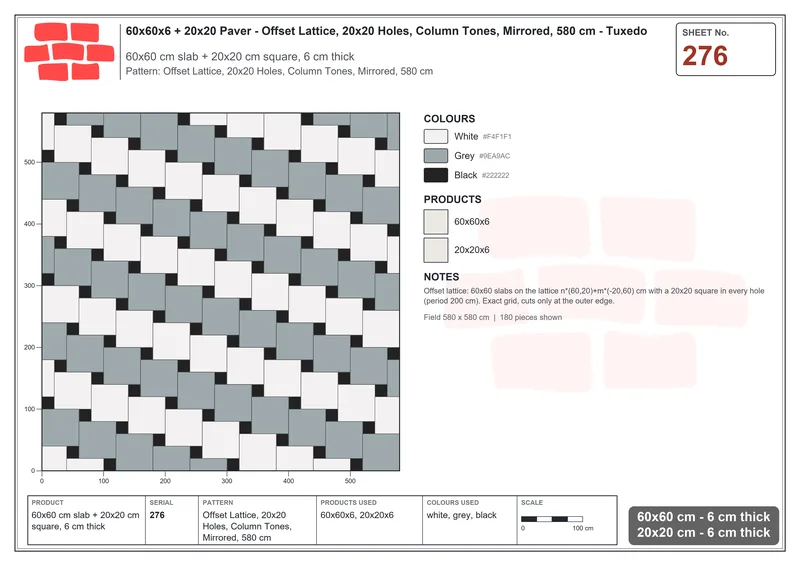 Interlock (Pasco) 60x60 cm · SQ66-276 · Offset Lattice, 20x20 Holes, Column Tones, Mirrored, 580 cm · Laying plan Interlock (Pasco) 60x60 cm · SQ66-276 · Offset Lattice, 20x20 Holes, Column Tones, Mirrored, 580 cm · Laying plan