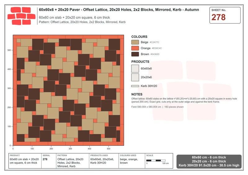 Interlock (Pasco) 60x60 cm · SQ66-278 · Offset Lattice, 20x20 Holes, 2x2 Blocks, Mirrored, Kerb · Laying plan Interlock (Pasco) 60x60 cm · SQ66-278 · Offset Lattice, 20x20 Holes, 2x2 Blocks, Mirrored, Kerb · Laying plan