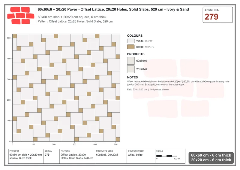 Interlock (Pasco) 60x60 cm · SQ66-279 · Offset Lattice, 20x20 Holes, Solid Slabs, 520 cm · Laying plan Interlock (Pasco) 60x60 cm · SQ66-279 · Offset Lattice, 20x20 Holes, Solid Slabs, 520 cm · Laying plan