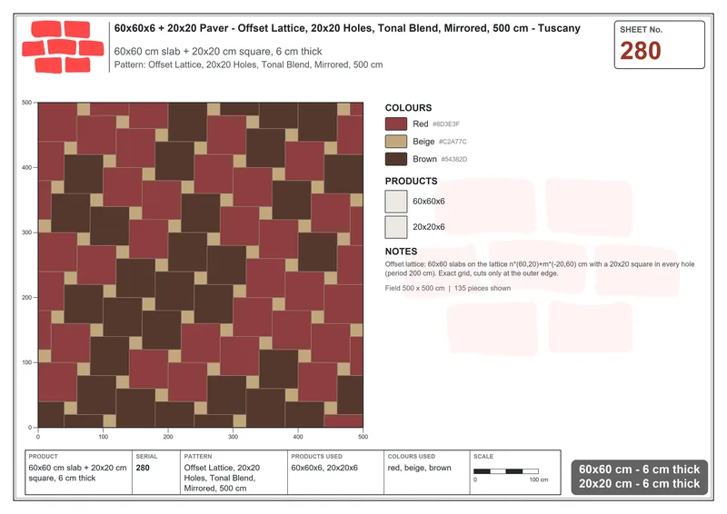 Interlock (Pasco) 60x60 cm · SQ66-280 · Offset Lattice, 20x20 Holes, Tonal Blend, Mirrored, 500 cm · Laying plan Interlock (Pasco) 60x60 cm · SQ66-280 · Offset Lattice, 20x20 Holes, Tonal Blend, Mirrored, 500 cm · Laying plan