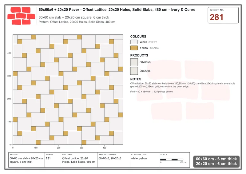 Interlock (Pasco) 60x60 cm · SQ66-281 · Offset Lattice, 20x20 Holes, Solid Slabs, 480 cm · Laying plan Interlock (Pasco) 60x60 cm · SQ66-281 · Offset Lattice, 20x20 Holes, Solid Slabs, 480 cm · Laying plan