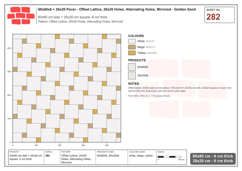 Interlock (Pasco) 60x60 cm · SQ66-282 · Offset Lattice, 20x20 Holes, Alternating Holes, Mirrored · Laying plan Interlock (Pasco) 60x60 cm · SQ66-282 · Offset Lattice, 20x20 Holes, Alternating Holes, Mirrored · Laying plan