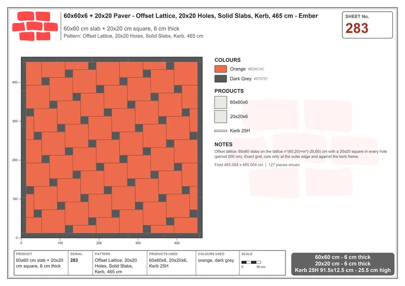 Interlock (Pasco) 60x60 cm · SQ66-283 · Offset Lattice, 20x20 Holes, Solid Slabs, Kerb, 465 cm · Laying plan Interlock (Pasco) 60x60 cm · SQ66-283 · Offset Lattice, 20x20 Holes, Solid Slabs, Kerb, 465 cm · Laying plan