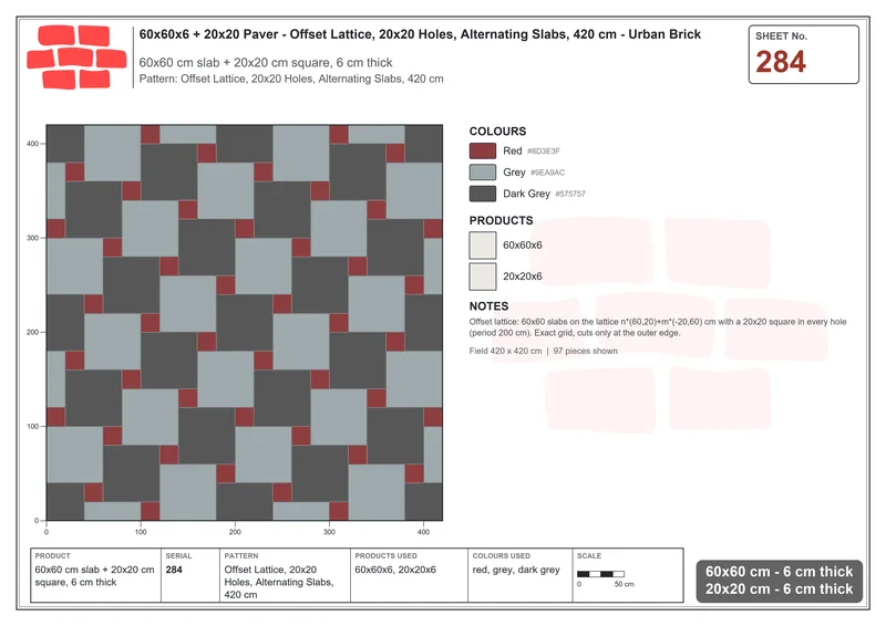 Interlock (Pasco) 60x60 cm · SQ66-284 · Offset Lattice, 20x20 Holes, Alternating Slabs, 420 cm · Laying plan Interlock (Pasco) 60x60 cm · SQ66-284 · Offset Lattice, 20x20 Holes, Alternating Slabs, 420 cm · Laying plan