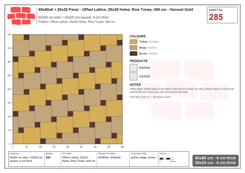 Interlock (Pasco) 60x60 cm · SQ66-285 · Offset Lattice, 20x20 Holes, Row Tones, 400 cm · Laying plan Interlock (Pasco) 60x60 cm · SQ66-285 · Offset Lattice, 20x20 Holes, Row Tones, 400 cm · Laying plan