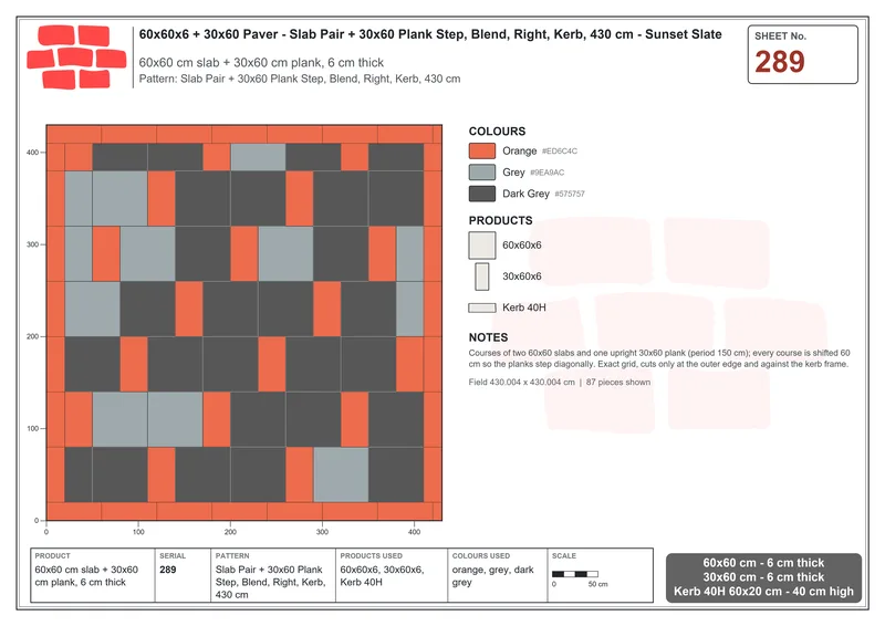 Interlock (Pasco) 60x60 cm · SQ66-289 · Slab Pair + 30x60 Plank Step, Blend, Right, Kerb, 430 cm · Laying plan Interlock (Pasco) 60x60 cm · SQ66-289 · Slab Pair + 30x60 Plank Step, Blend, Right, Kerb, 430 cm · Laying plan