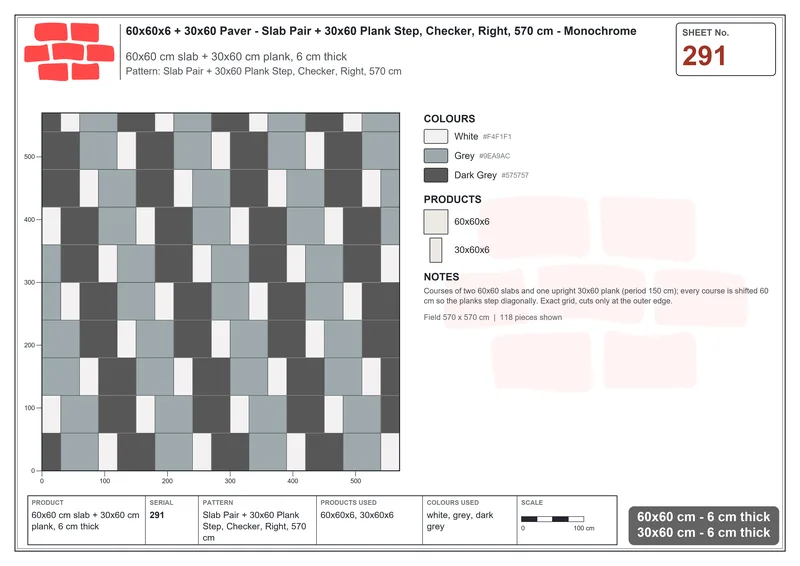 Interlock (Pasco) 60x60 cm · SQ66-291 · Slab Pair + 30x60 Plank Step, Checker, Right, 570 cm · Laying plan Interlock (Pasco) 60x60 cm · SQ66-291 · Slab Pair + 30x60 Plank Step, Checker, Right, 570 cm · Laying plan