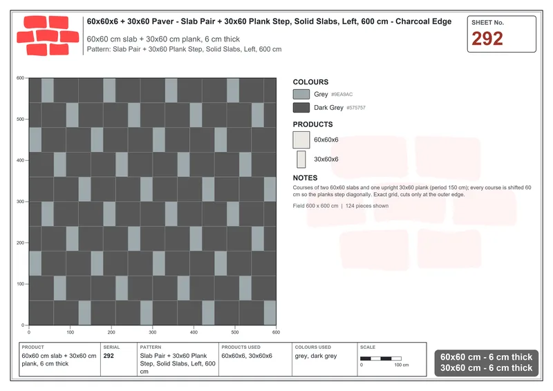 Interlock (Pasco) 60x60 cm · SQ66-292 · Slab Pair + 30x60 Plank Step, Solid Slabs, Left, 600 cm · Laying plan Interlock (Pasco) 60x60 cm · SQ66-292 · Slab Pair + 30x60 Plank Step, Solid Slabs, Left, 600 cm · Laying plan