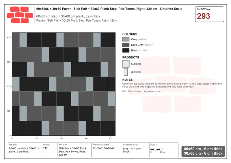 Interlock (Pasco) 60x60 cm · SQ66-293 · Slab Pair + 30x60 Plank Step, Pair Tones, Right, 420 cm · Laying plan Interlock (Pasco) 60x60 cm · SQ66-293 · Slab Pair + 30x60 Plank Step, Pair Tones, Right, 420 cm · Laying plan