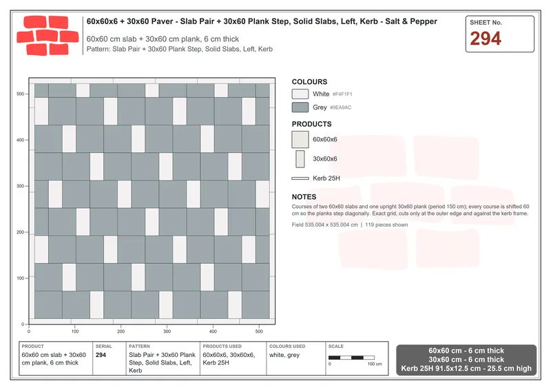 Interlock (Pasco) 60x60 cm · SQ66-294 · Slab Pair + 30x60 Plank Step, Solid Slabs, Left, Kerb · Laying plan Interlock (Pasco) 60x60 cm · SQ66-294 · Slab Pair + 30x60 Plank Step, Solid Slabs, Left, Kerb · Laying plan