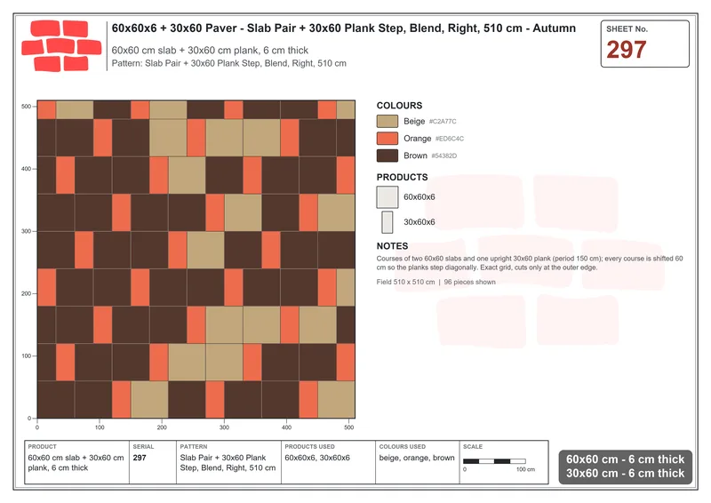 Interlock (Pasco) 60x60 cm · SQ66-297 · Slab Pair + 30x60 Plank Step, Blend, Right, 510 cm · Laying plan Interlock (Pasco) 60x60 cm · SQ66-297 · Slab Pair + 30x60 Plank Step, Blend, Right, 510 cm · Laying plan