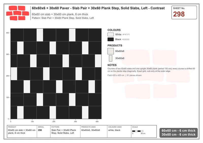 Interlock (Pasco) 60x60 cm · SQ66-298 · Slab Pair + 30x60 Plank Step, Solid Slabs, Left · Laying plan Interlock (Pasco) 60x60 cm · SQ66-298 · Slab Pair + 30x60 Plank Step, Solid Slabs, Left · Laying plan