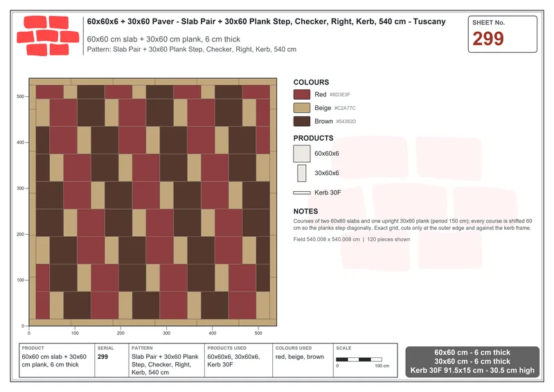 Interlock (Pasco) 60x60 cm · SQ66-299 · Slab Pair + 30x60 Plank Step, Checker, Right, Kerb, 540 cm · Laying plan Interlock (Pasco) 60x60 cm · SQ66-299 · Slab Pair + 30x60 Plank Step, Checker, Right, Kerb, 540 cm · Laying plan