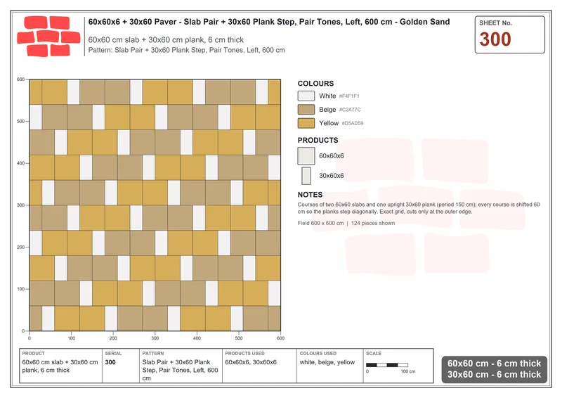 Interlock (Pasco) 60x60 cm · SQ66-300 · Slab Pair + 30x60 Plank Step, Pair Tones, Left, 600 cm · Laying plan Interlock (Pasco) 60x60 cm · SQ66-300 · Slab Pair + 30x60 Plank Step, Pair Tones, Left, 600 cm · Laying plan