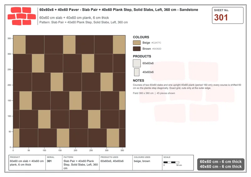 Interlock (Pasco) 60x60 cm · SQ66-301 · Slab Pair + 40x60 Plank Step, Solid Slabs, Left, 360 cm · Laying plan Interlock (Pasco) 60x60 cm · SQ66-301 · Slab Pair + 40x60 Plank Step, Solid Slabs, Left, 360 cm · Laying plan