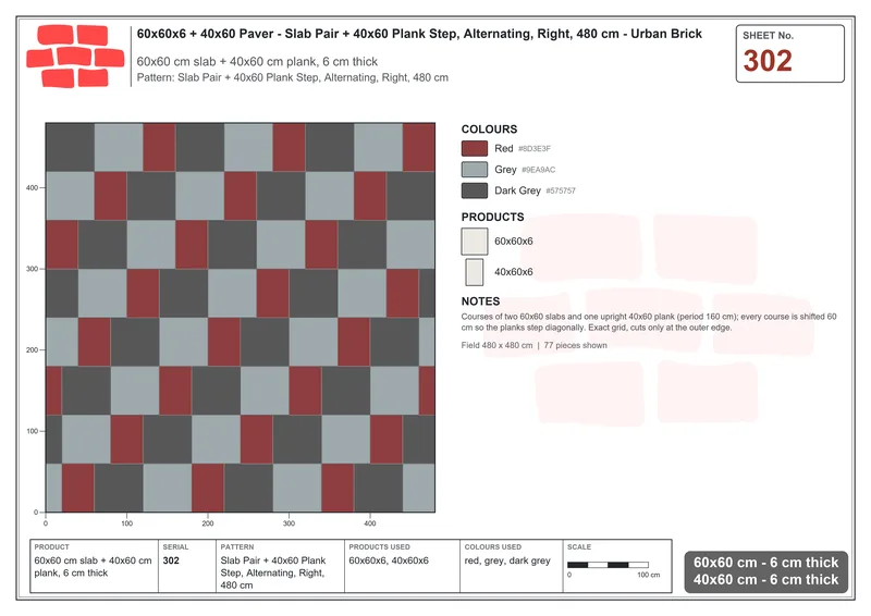 Interlock (Pasco) 60x60 cm · SQ66-302 · Slab Pair + 40x60 Plank Step, Alternating, Right, 480 cm · Laying plan Interlock (Pasco) 60x60 cm · SQ66-302 · Slab Pair + 40x60 Plank Step, Alternating, Right, 480 cm · Laying plan