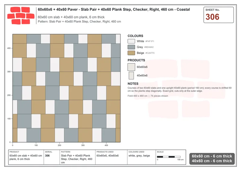 Interlock (Pasco) 60x60 cm · SQ66-306 · Slab Pair + 40x60 Plank Step, Checker, Right, 460 cm · Laying plan Interlock (Pasco) 60x60 cm · SQ66-306 · Slab Pair + 40x60 Plank Step, Checker, Right, 460 cm · Laying plan