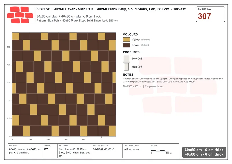 Interlock (Pasco) 60x60 cm · SQ66-307 · Slab Pair + 40x60 Plank Step, Solid Slabs, Left, 580 cm · Laying plan Interlock (Pasco) 60x60 cm · SQ66-307 · Slab Pair + 40x60 Plank Step, Solid Slabs, Left, 580 cm · Laying plan