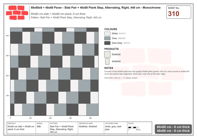 Interlock (Pasco) 60x60 cm · SQ66-310 · Slab Pair + 40x60 Plank Step, Alternating, Right, 440 cm · Laying plan Interlock (Pasco) 60x60 cm · SQ66-310 · Slab Pair + 40x60 Plank Step, Alternating, Right, 440 cm · Laying plan