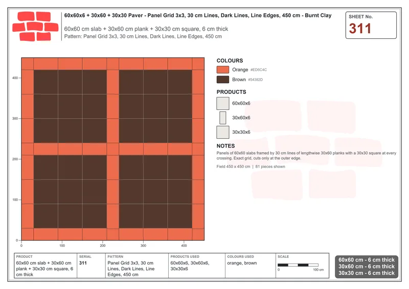 Interlock (Pasco) 60x60 cm · SQ66-311 · Panel Grid 3x3, 30 cm Lines, Dark Lines, Line Edges, 450 cm · Laying plan Interlock (Pasco) 60x60 cm · SQ66-311 · Panel Grid 3x3, 30 cm Lines, Dark Lines, Line Edges, 450 cm · Laying plan