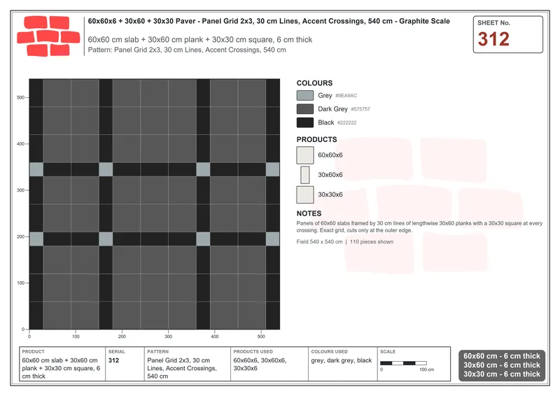 Interlock (Pasco) 60x60 cm · SQ66-312 · Panel Grid 2x3, 30 cm Lines, Accent Crossings, 540 cm · Laying plan Interlock (Pasco) 60x60 cm · SQ66-312 · Panel Grid 2x3, 30 cm Lines, Accent Crossings, 540 cm · Laying plan