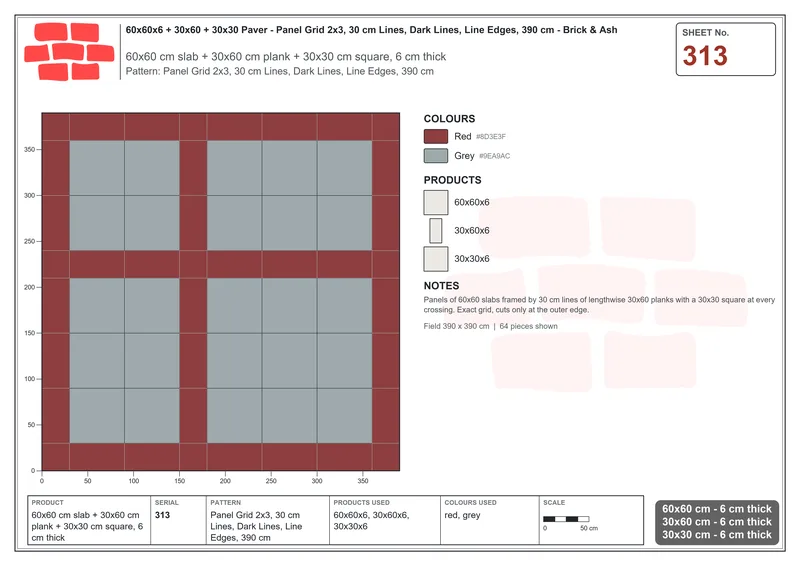 Interlock (Pasco) 60x60 cm · SQ66-313 · Panel Grid 2x3, 30 cm Lines, Dark Lines, Line Edges, 390 cm · Laying plan Interlock (Pasco) 60x60 cm · SQ66-313 · Panel Grid 2x3, 30 cm Lines, Dark Lines, Line Edges, 390 cm · Laying plan
