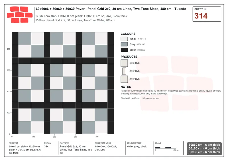 Interlock (Pasco) 60x60 cm · SQ66-314 · Panel Grid 2x2, 30 cm Lines, Two-Tone Slabs, 480 cm · Laying plan Interlock (Pasco) 60x60 cm · SQ66-314 · Panel Grid 2x2, 30 cm Lines, Two-Tone Slabs, 480 cm · Laying plan