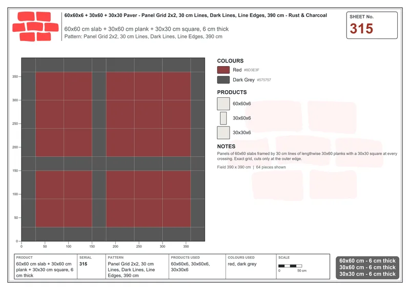 Interlock (Pasco) 60x60 cm · SQ66-315 · Panel Grid 2x2, 30 cm Lines, Dark Lines, Line Edges, 390 cm · Laying plan Interlock (Pasco) 60x60 cm · SQ66-315 · Panel Grid 2x2, 30 cm Lines, Dark Lines, Line Edges, 390 cm · Laying plan