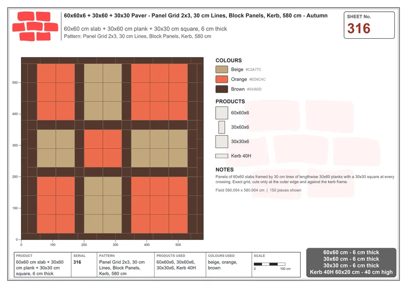 Interlock (Pasco) 60x60 cm · SQ66-316 · Panel Grid 2x3, 30 cm Lines, Block Panels, Kerb, 580 cm · Laying plan Interlock (Pasco) 60x60 cm · SQ66-316 · Panel Grid 2x3, 30 cm Lines, Block Panels, Kerb, 580 cm · Laying plan