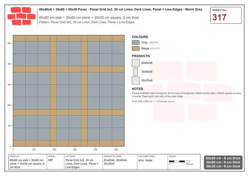 Interlock (Pasco) 60x60 cm · SQ66-317 · Panel Grid 3x2, 30 cm Lines, Dark Lines, Panel + Line Edges · Laying plan Interlock (Pasco) 60x60 cm · SQ66-317 · Panel Grid 3x2, 30 cm Lines, Dark Lines, Panel + Line Edges · Laying plan