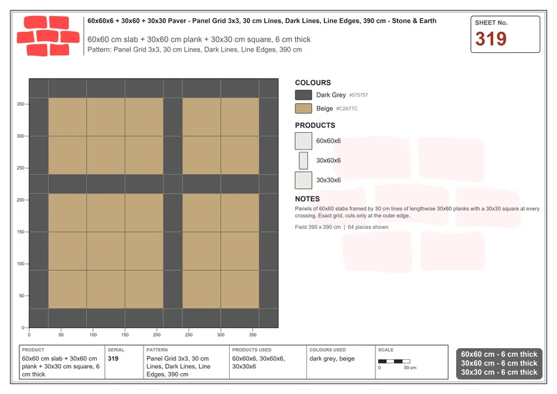 Interlock (Pasco) 60x60 cm · SQ66-319 · Panel Grid 3x3, 30 cm Lines, Dark Lines, Line Edges, 390 cm · Laying plan Interlock (Pasco) 60x60 cm · SQ66-319 · Panel Grid 3x3, 30 cm Lines, Dark Lines, Line Edges, 390 cm · Laying plan