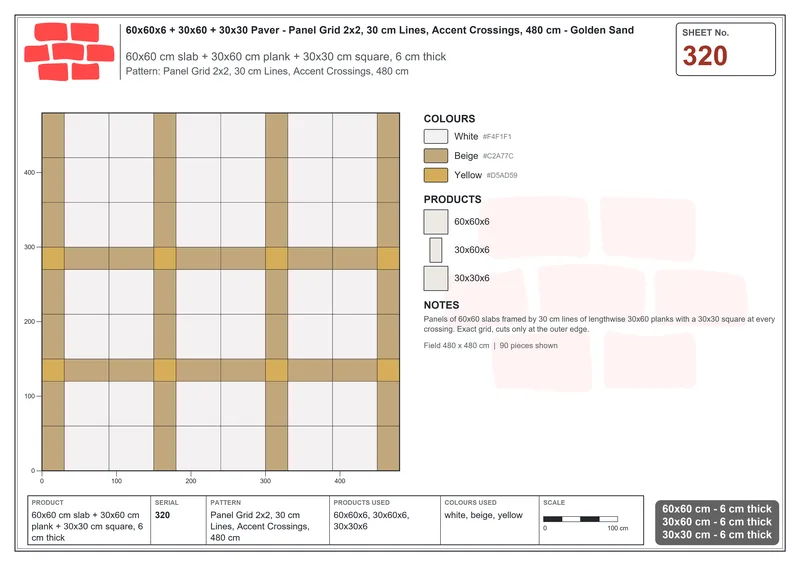 Interlock (Pasco) 60x60 cm · SQ66-320 · Panel Grid 2x2, 30 cm Lines, Accent Crossings, 480 cm · Laying plan Interlock (Pasco) 60x60 cm · SQ66-320 · Panel Grid 2x2, 30 cm Lines, Accent Crossings, 480 cm · Laying plan