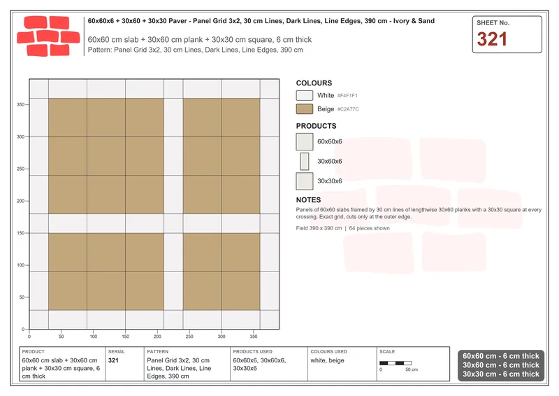 Interlock (Pasco) 60x60 cm · SQ66-321 · Panel Grid 3x2, 30 cm Lines, Dark Lines, Line Edges, 390 cm · Laying plan Interlock (Pasco) 60x60 cm · SQ66-321 · Panel Grid 3x2, 30 cm Lines, Dark Lines, Line Edges, 390 cm · Laying plan