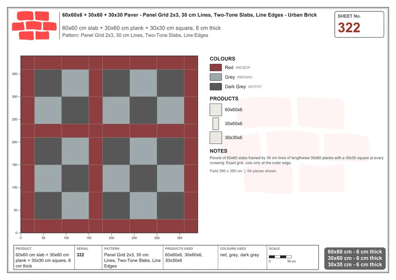 Interlock (Pasco) 60x60 cm · SQ66-322 · Panel Grid 2x3, 30 cm Lines, Two-Tone Slabs, Line Edges · Laying plan Interlock (Pasco) 60x60 cm · SQ66-322 · Panel Grid 2x3, 30 cm Lines, Two-Tone Slabs, Line Edges · Laying plan