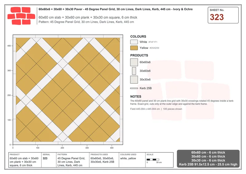 Interlock (Pasco) 60x60 cm · SQ66-323 · 45 Degree Panel Grid, 30 cm Lines, Dark Lines, Kerb, 445 cm · Laying plan Interlock (Pasco) 60x60 cm · SQ66-323 · 45 Degree Panel Grid, 30 cm Lines, Dark Lines, Kerb, 445 cm · Laying plan