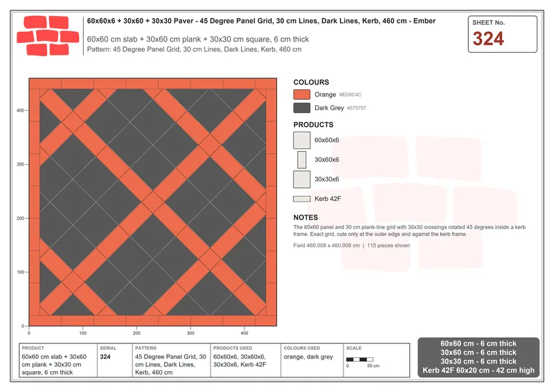 Interlock (Pasco) 60x60 cm · SQ66-324 · 45 Degree Panel Grid, 30 cm Lines, Dark Lines, Kerb, 460 cm · Laying plan Interlock (Pasco) 60x60 cm · SQ66-324 · 45 Degree Panel Grid, 30 cm Lines, Dark Lines, Kerb, 460 cm · Laying plan