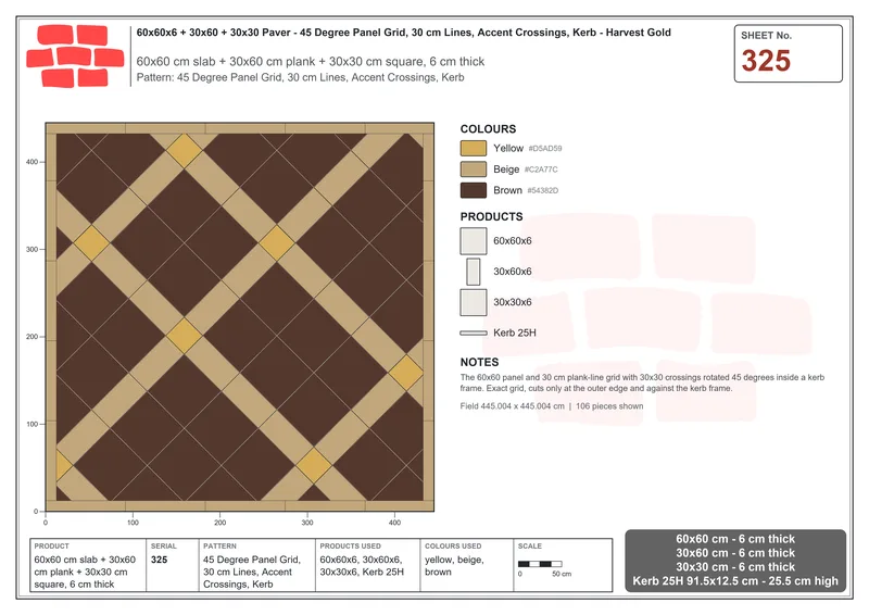 Interlock (Pasco) 60x60 cm · SQ66-325 · 45 Degree Panel Grid, 30 cm Lines, Accent Crossings, Kerb · Laying plan Interlock (Pasco) 60x60 cm · SQ66-325 · 45 Degree Panel Grid, 30 cm Lines, Accent Crossings, Kerb · Laying plan