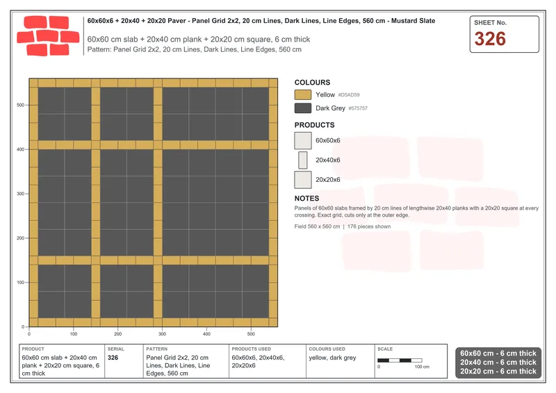 Interlock (Pasco) 60x60 cm · SQ66-326 · Panel Grid 2x2, 20 cm Lines, Dark Lines, Line Edges, 560 cm · Laying plan Interlock (Pasco) 60x60 cm · SQ66-326 · Panel Grid 2x2, 20 cm Lines, Dark Lines, Line Edges, 560 cm · Laying plan