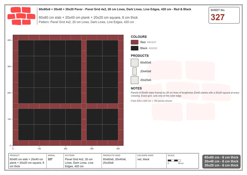 Interlock (Pasco) 60x60 cm · SQ66-327 · Panel Grid 4x2, 20 cm Lines, Dark Lines, Line Edges, 420 cm · Laying plan Interlock (Pasco) 60x60 cm · SQ66-327 · Panel Grid 4x2, 20 cm Lines, Dark Lines, Line Edges, 420 cm · Laying plan