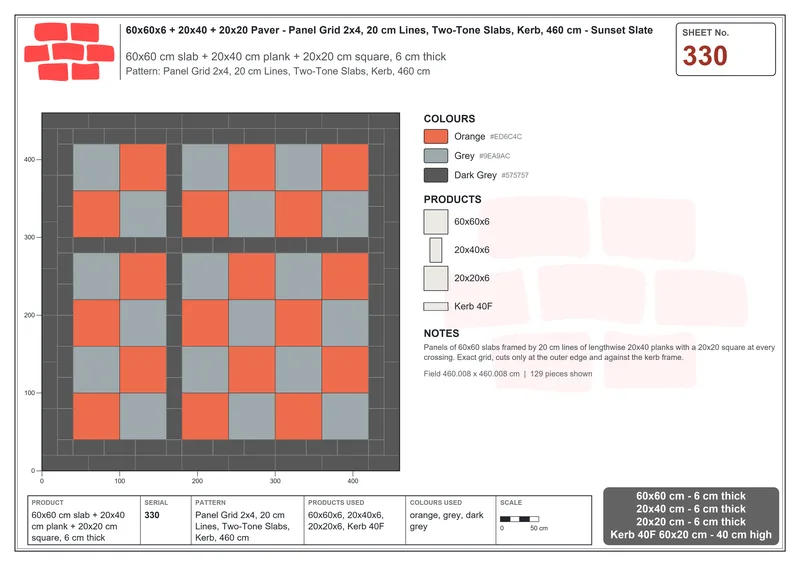 Interlock (Pasco) 60x60 cm · SQ66-330 · Panel Grid 2x4, 20 cm Lines, Two-Tone Slabs, Kerb, 460 cm · Laying plan Interlock (Pasco) 60x60 cm · SQ66-330 · Panel Grid 2x4, 20 cm Lines, Two-Tone Slabs, Kerb, 460 cm · Laying plan