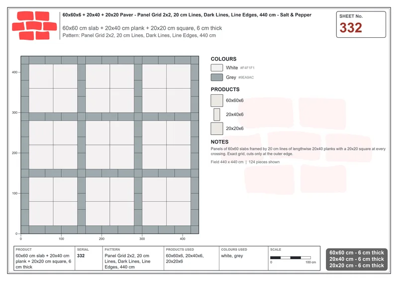 Interlock (Pasco) 60x60 cm · SQ66-332 · Panel Grid 2x2, 20 cm Lines, Dark Lines, Line Edges, 440 cm · Laying plan Interlock (Pasco) 60x60 cm · SQ66-332 · Panel Grid 2x2, 20 cm Lines, Dark Lines, Line Edges, 440 cm · Laying plan