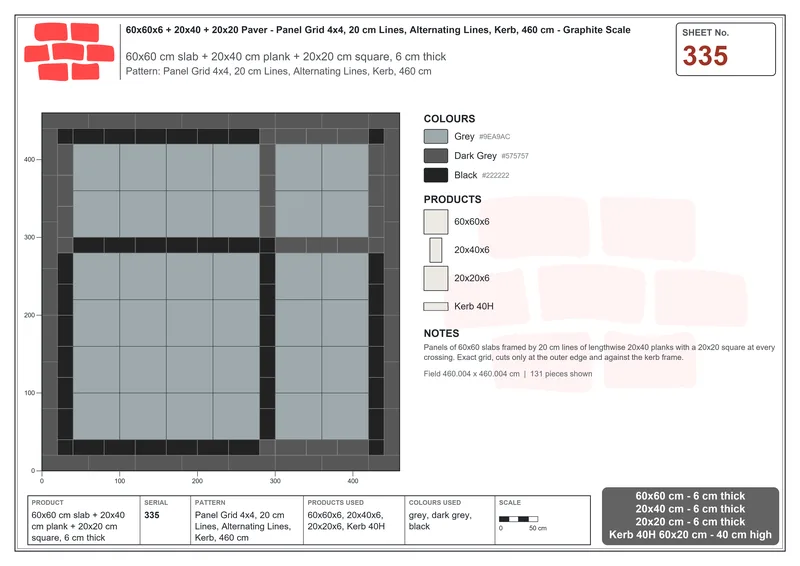 Interlock (Pasco) 60x60 cm · SQ66-335 · Panel Grid 4x4, 20 cm Lines, Alternating Lines, Kerb, 460 cm · Laying plan Interlock (Pasco) 60x60 cm · SQ66-335 · Panel Grid 4x4, 20 cm Lines, Alternating Lines, Kerb, 460 cm · Laying plan