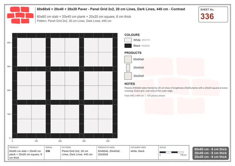 Interlock (Pasco) 60x60 cm · SQ66-336 · Panel Grid 2x2, 20 cm Lines, Dark Lines, 440 cm · Laying plan Interlock (Pasco) 60x60 cm · SQ66-336 · Panel Grid 2x2, 20 cm Lines, Dark Lines, 440 cm · Laying plan