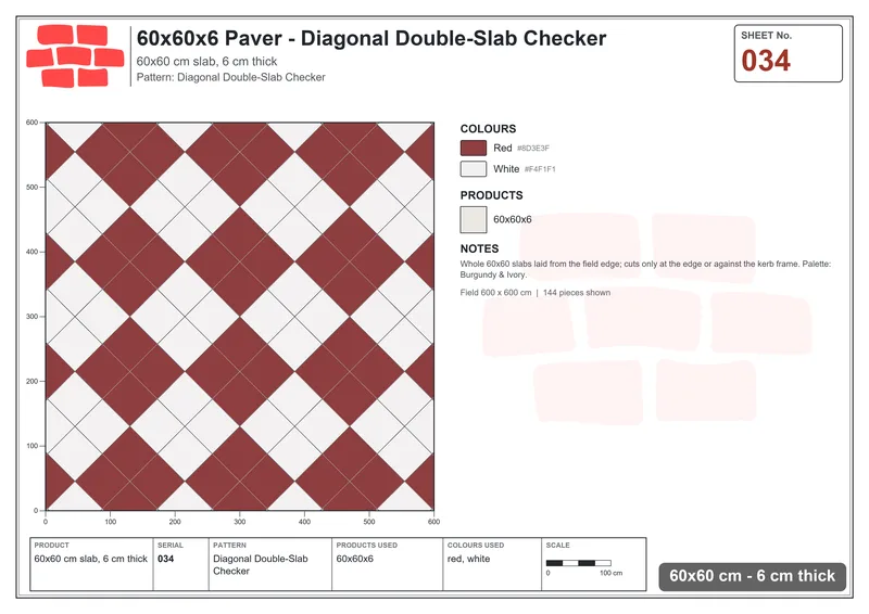 Interlock (Pasco) 60x60 cm · SQ66-34 · Diagonal Double-Slab Checker · Laying plan Interlock (Pasco) 60x60 cm · SQ66-34 · Diagonal Double-Slab Checker · Laying plan