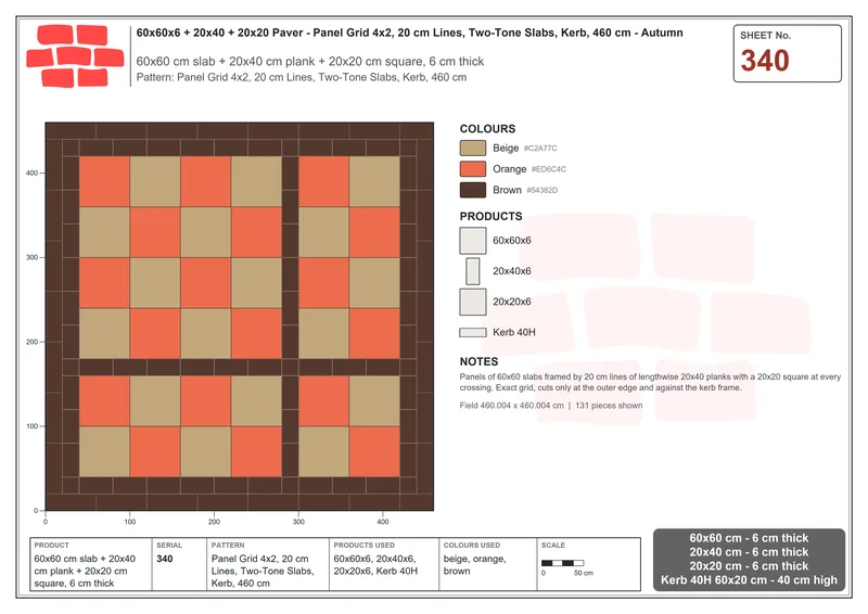Interlock (Pasco) 60x60 cm · SQ66-340 · Panel Grid 4x2, 20 cm Lines, Two-Tone Slabs, Kerb, 460 cm · Laying plan Interlock (Pasco) 60x60 cm · SQ66-340 · Panel Grid 4x2, 20 cm Lines, Two-Tone Slabs, Kerb, 460 cm · Laying plan