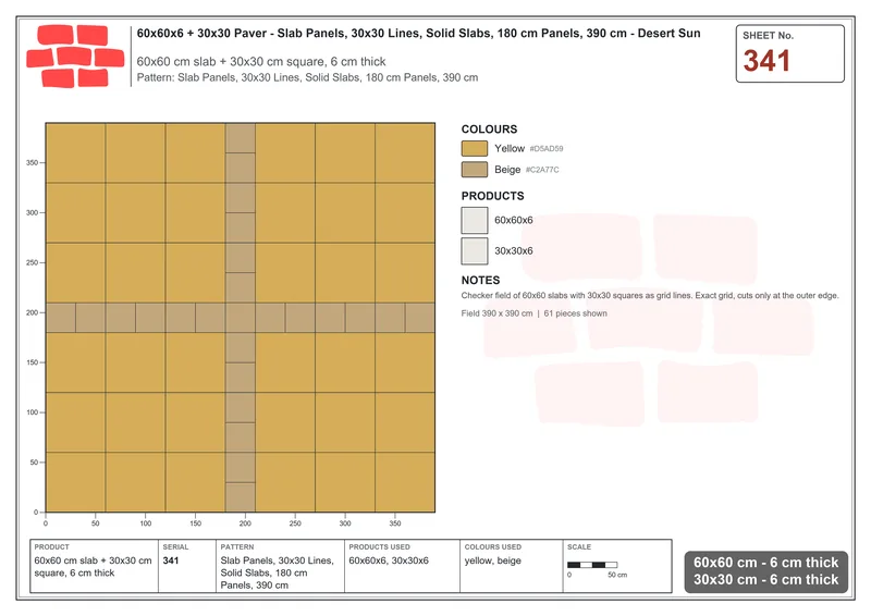 Interlock (Pasco) 60x60 cm · SQ66-341 · Slab Panels, 30x30 Lines, Solid Slabs, 180 cm Panels, 390 cm · Laying plan Interlock (Pasco) 60x60 cm · SQ66-341 · Slab Panels, 30x30 Lines, Solid Slabs, 180 cm Panels, 390 cm · Laying plan