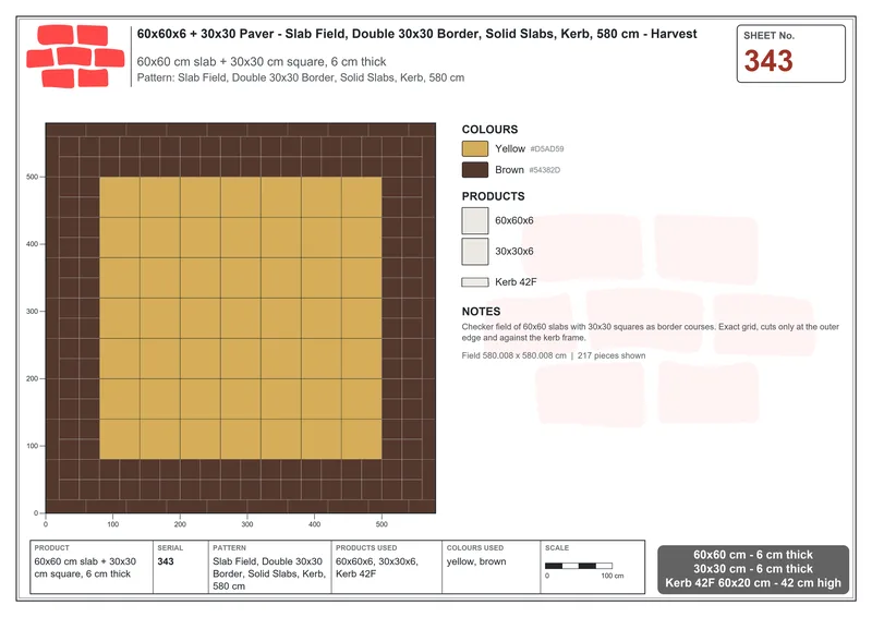 Interlock (Pasco) 60x60 cm · SQ66-343 · Slab Field, Double 30x30 Border, Solid Slabs, Kerb, 580 cm · Laying plan Interlock (Pasco) 60x60 cm · SQ66-343 · Slab Field, Double 30x30 Border, Solid Slabs, Kerb, 580 cm · Laying plan