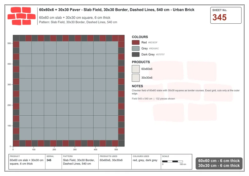Interlock (Pasco) 60x60 cm · SQ66-345 · Slab Field, 30x30 Border, Dashed Lines, 540 cm · Laying plan Interlock (Pasco) 60x60 cm · SQ66-345 · Slab Field, 30x30 Border, Dashed Lines, 540 cm · Laying plan