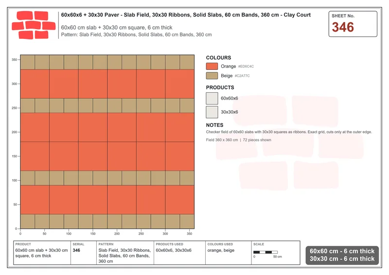 Interlock (Pasco) 60x60 cm · SQ66-346 · Slab Field, 30x30 Ribbons, Solid Slabs, 60 cm Bands, 360 cm · Laying plan Interlock (Pasco) 60x60 cm · SQ66-346 · Slab Field, 30x30 Ribbons, Solid Slabs, 60 cm Bands, 360 cm · Laying plan